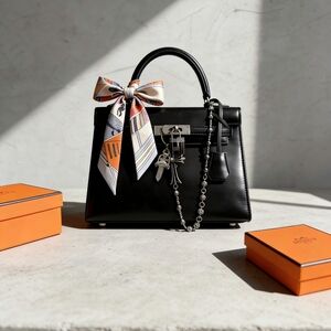 <AUTHENTIC>Hermès Kelly 25 Black Swift Leather Bag